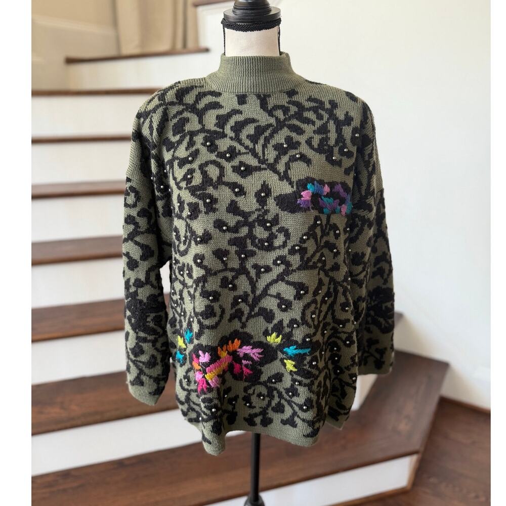 Vintage 90s Olive Green Black Swirl Rainbow Embroidered Flower Beaded Sweater